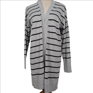Reitmans Petite Medium Grey Black Striped Open Cardigan